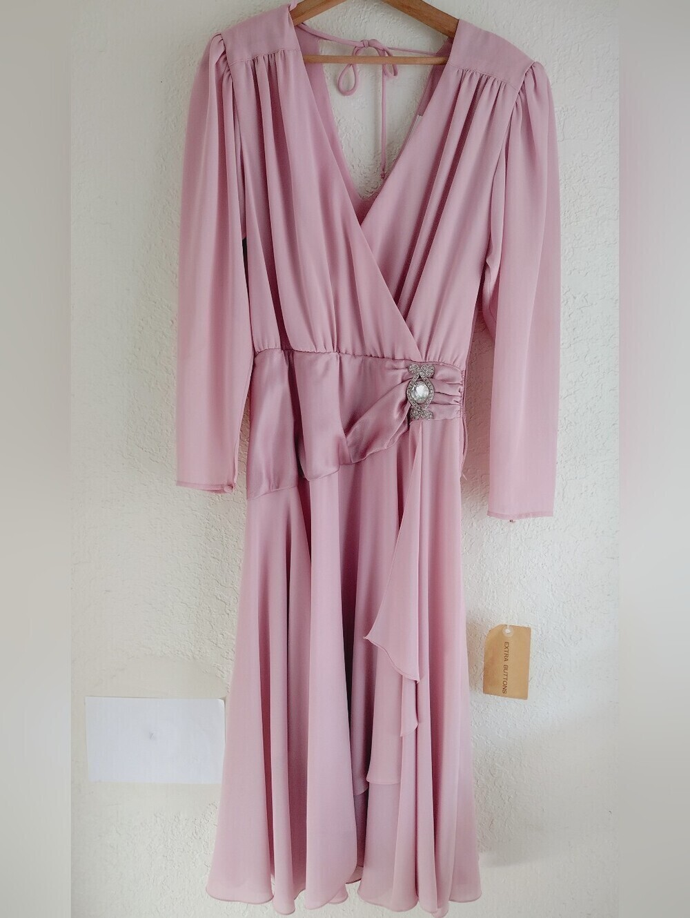 Martinique Fashions Union Made Pink Long Sleeve Wrap Dress with Embellish Waist - Picture 2 of 13